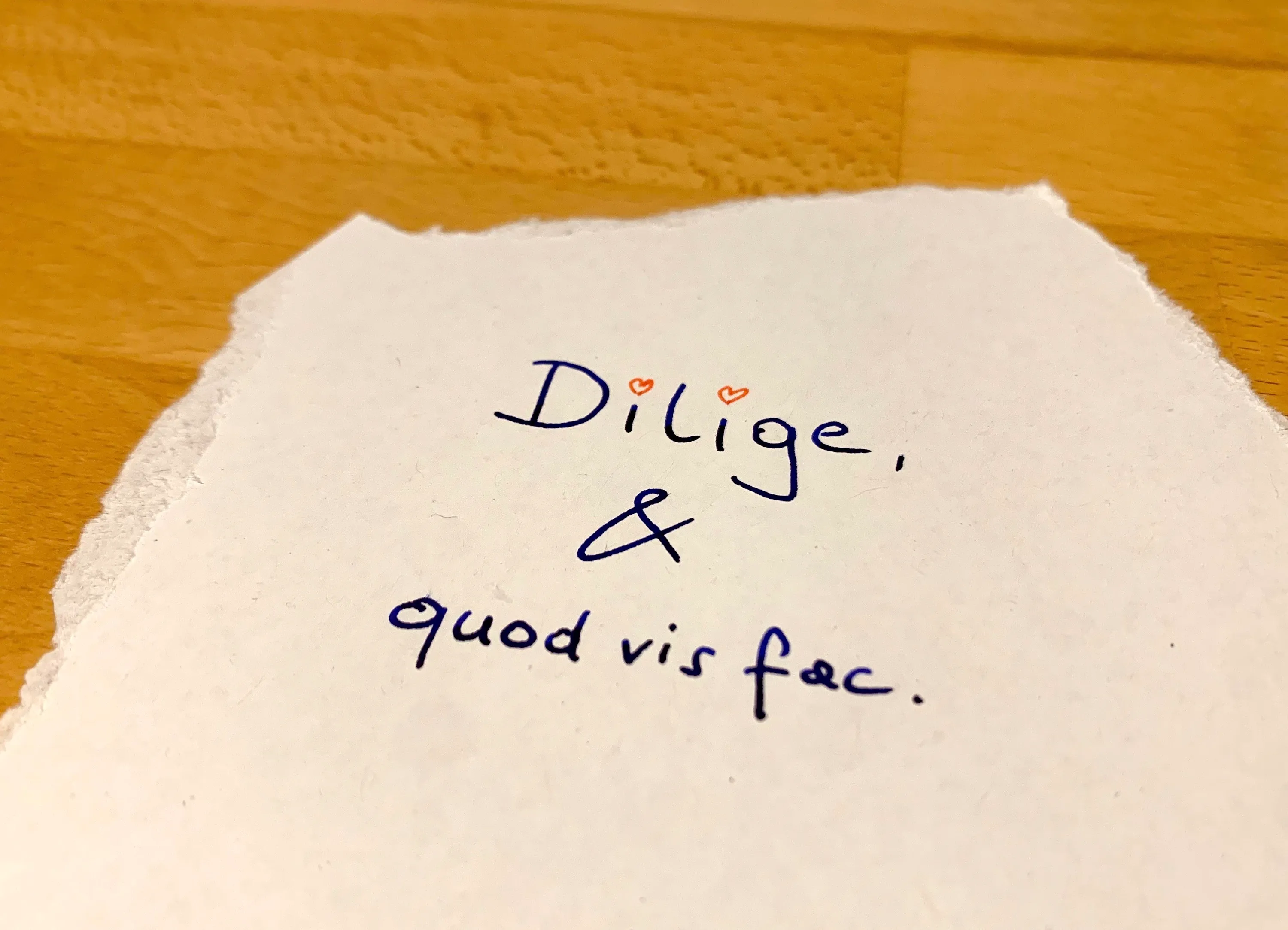 Mit blauer Tinte und roten Herz-i-Punkten auf weißem, am Rand gerissenen Papaier "Dilige et quod vis fac."