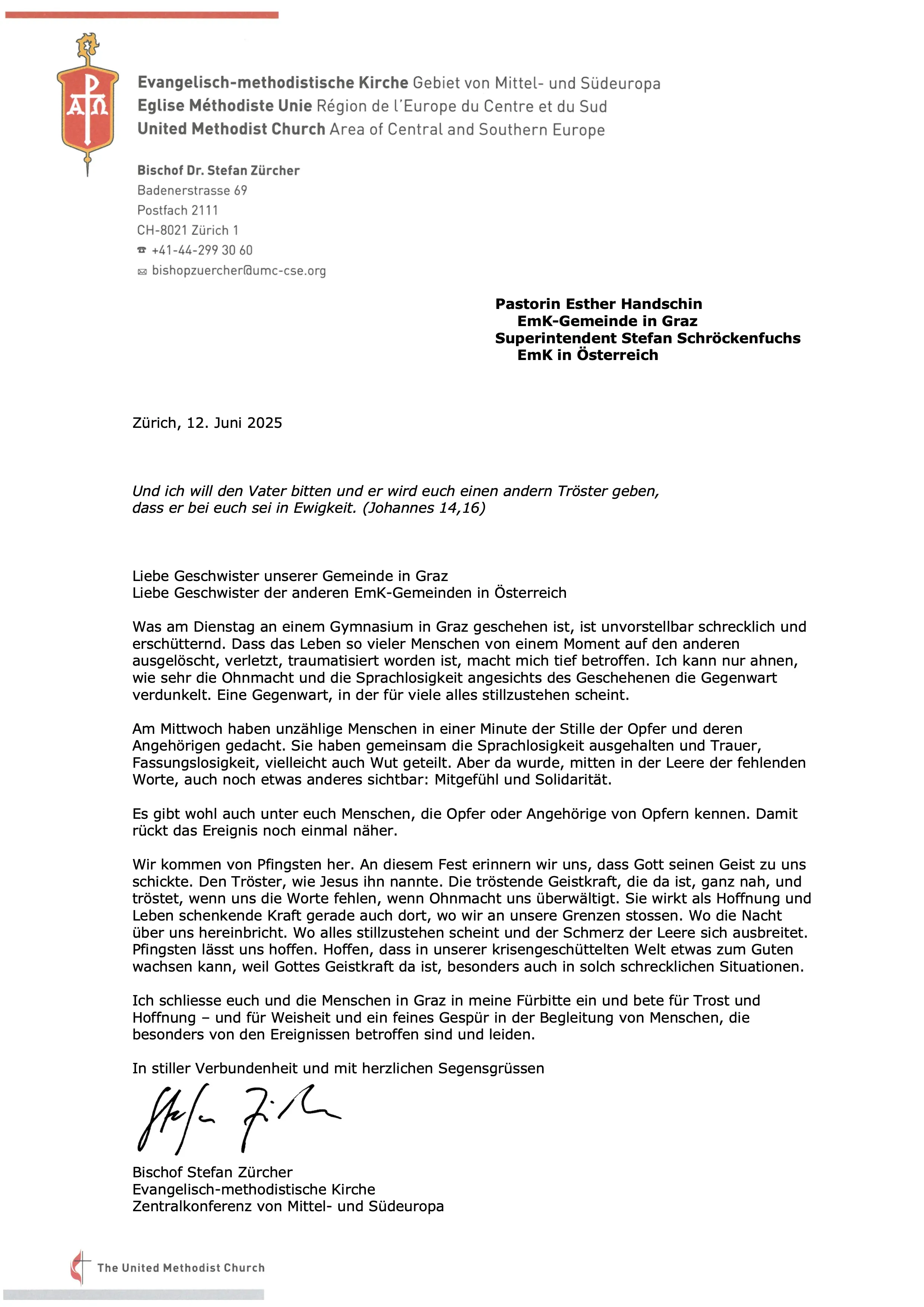 Schreiben von Bischof Zürcher