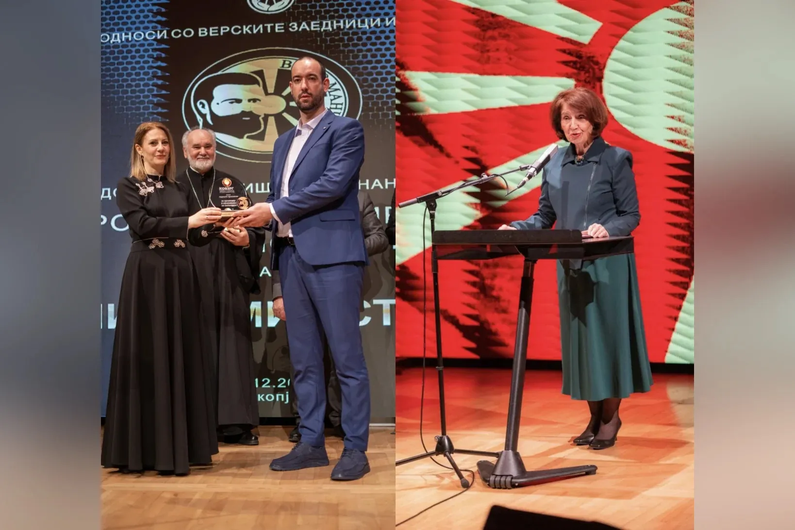 Olivera Trajkovska, die Direktorin der Kommission für Beziehungen der religiösen Gemeinschaften und Religionsgruppen, übergibt Martin Konev, dem Exekutivdirektor der Diakonie Nordmazedonien, den Preis. Rechts die Präsidentin der Republik Nordmazedonien, Prof. Dr. Gordana Siljanovska Davkova, bei ihrer Ansprache.